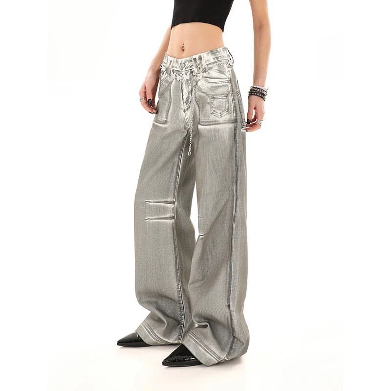 Blugi de damă gri, talie înaltă, vintage, drepte, pantaloni largi din denim, îmbrăcăminte de stradă, în stil american, ocazional, cu picioare largi, pantaloni din denim