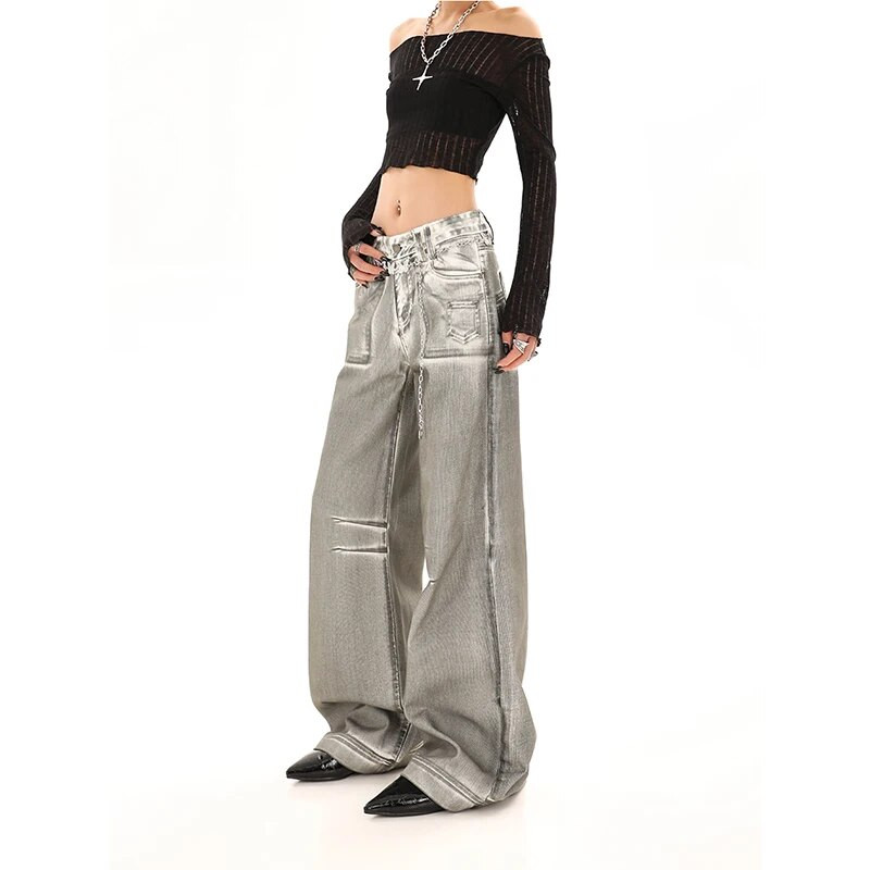 Blugi de damă gri, talie înaltă, vintage, drepte, pantaloni largi din denim, îmbrăcăminte de stradă, în stil american, ocazional, cu picioare largi, pantaloni din denim