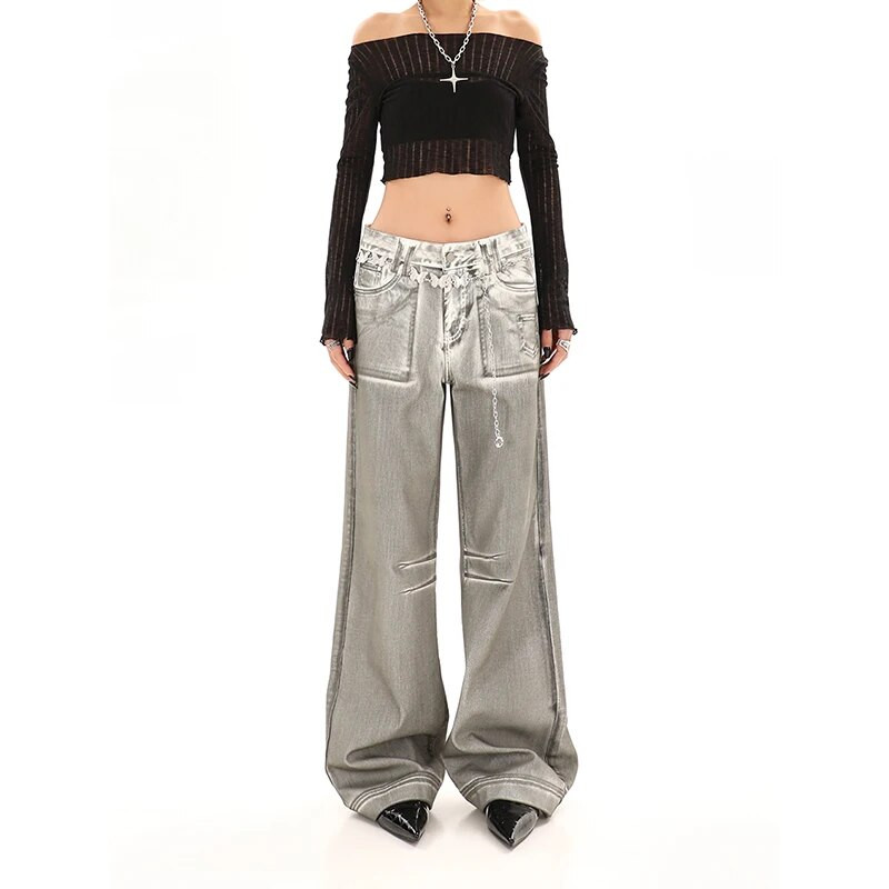 Blugi de damă gri, talie înaltă, vintage, drepte, pantaloni largi din denim, îmbrăcăminte de stradă, în stil american, ocazional, cu picioare largi, pantaloni din denim