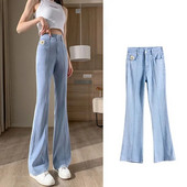 Απαλό λεπτό τζιν Γυναικείο Καλοκαιρινό Νέο Φαρδύ ελαστικό τζιν παντελόνι με ψηλή μέση Ice Silk Slim Drop Micro Flare Παντελόνι Split Burr Edges