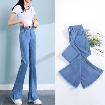 Απαλό λεπτό τζιν Γυναικείο Καλοκαιρινό Νέο Φαρδύ ελαστικό τζιν παντελόνι με ψηλή μέση Ice Silk Slim Drop Micro Flare Παντελόνι Split Burr Edges