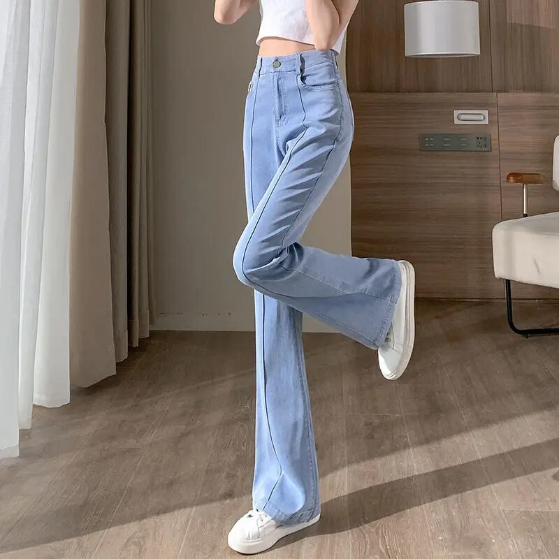 Απαλό λεπτό τζιν Γυναικείο Καλοκαιρινό Νέο Φαρδύ ελαστικό τζιν παντελόνι με ψηλή μέση Ice Silk Slim Drop Micro Flare Παντελόνι Split Burr Edges