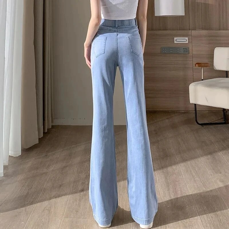 Απαλό λεπτό τζιν Γυναικείο Καλοκαιρινό Νέο Φαρδύ ελαστικό τζιν παντελόνι με ψηλή μέση Ice Silk Slim Drop Micro Flare Παντελόνι Split Burr Edges