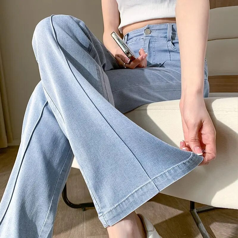 Απαλό λεπτό τζιν Γυναικείο Καλοκαιρινό Νέο Φαρδύ ελαστικό τζιν παντελόνι με ψηλή μέση Ice Silk Slim Drop Micro Flare Παντελόνι Split Burr Edges