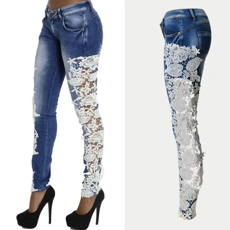LOGAMI Lace Patchwork Skinny Jeans Γυναίκα Σέξι Καλοκαίρι Φθινόπωρο Γυναικεία Τζιν Γυναικεία Παντελόνια