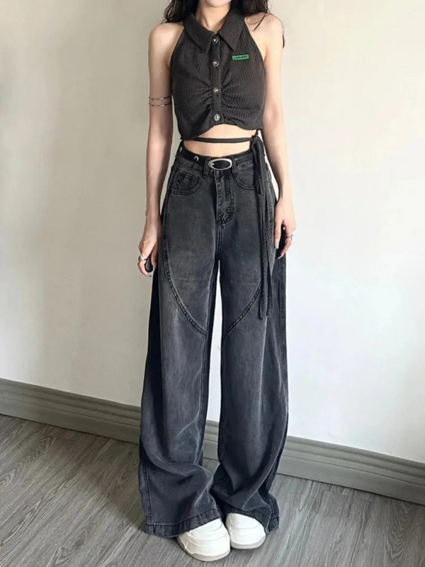 HOUZHOU Crne traperice širokih nogavica Ženske vintage široke korejske modne ženske ulične odjeće Prevelike grunge traper hlače visokog struka