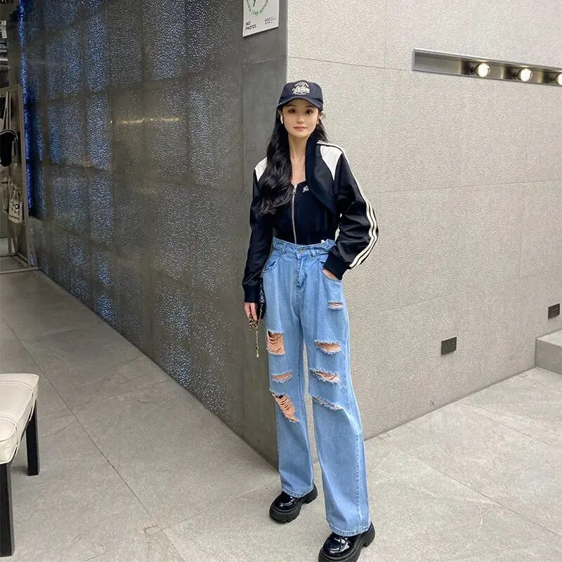 Naiste mood, poiss-sõber, kottis lõhki rebitud teksad naistele kõrge vöökohaga teksad, naistele, soodne pakkumine, naiste teksapüksid, teksapüksid 2