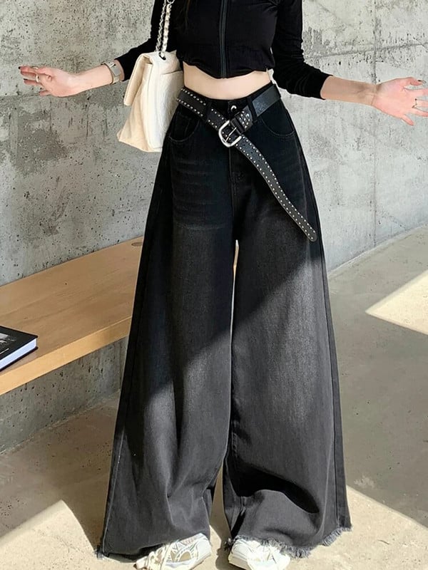 Juodi maišeliai džinsai Moteriški džinsai aukštu liemeniu 2023 m. Naujos viso ilgio plačios laisvos džinsinės kelnės Vintage Burr Streetwear Y2k kelnės