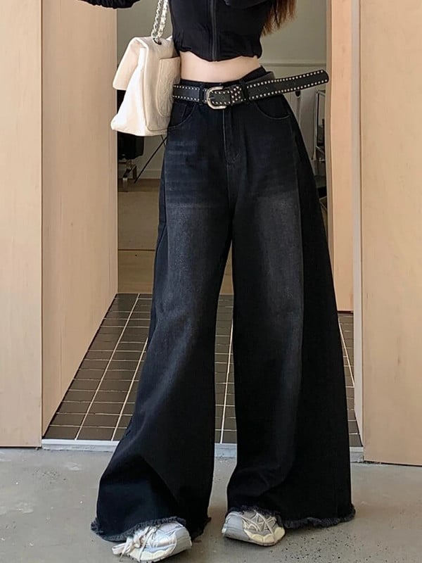 Juodi maišeliai džinsai Moteriški džinsai aukštu liemeniu 2023 m. Naujos viso ilgio plačios laisvos džinsinės kelnės Vintage Burr Streetwear Y2k kelnės