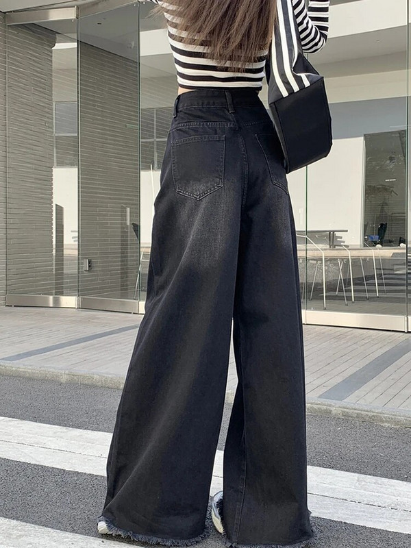Juodi maišeliai džinsai Moteriški džinsai aukštu liemeniu 2023 m. Naujos viso ilgio plačios laisvos džinsinės kelnės Vintage Burr Streetwear Y2k kelnės