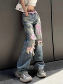 Γυναικεία Street Pink Panel Wash Ripped Jeans για Γυναικεία Ρετρό Street Hip Hop Fashion Φαρδιά ίσια τζιν ψηλόμεσο παντελόνι Y2K