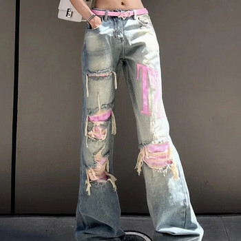 Γυναικεία Street Pink Panel Wash Ripped Jeans για Γυναικεία Ρετρό Street Hip Hop Fashion Φαρδιά ίσια τζιν ψηλόμεσο παντελόνι Y2K