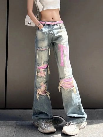 Γυναικεία Street Pink Panel Wash Ripped Jeans για Γυναικεία Ρετρό Street Hip Hop Fashion Φαρδιά ίσια τζιν ψηλόμεσο παντελόνι Y2K