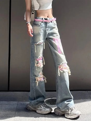 Γυναικεία Street Pink Panel Wash Ripped Jeans για Γυναικεία Ρετρό Street Hip Hop Fashion Φαρδιά ίσια τζιν ψηλόμεσο παντελόνι Y2K