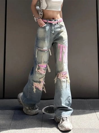 Γυναικεία Street Pink Panel Wash Ripped Jeans για Γυναικεία Ρετρό Street Hip Hop Fashion Φαρδιά ίσια τζιν ψηλόμεσο παντελόνι Y2K