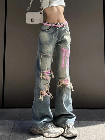 Γυναικεία Street Pink Panel Wash Ripped Jeans για Γυναικεία Ρετρό Street Hip Hop Fashion Φαρδιά ίσια τζιν ψηλόμεσο παντελόνι Y2K