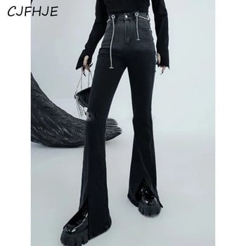 CJFHJE Корейски Streetwear Flare Jeans Дамски джобове Френски ретро дънкови панталони Женски модни ежедневни панталони с копчета с висока талия