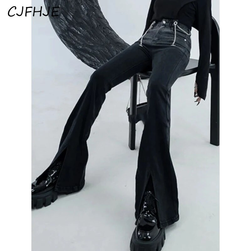 CJFHJE Korean Streetwear Flare Jeans Ženske džepne francuske vintage traper hlače Ženske modne ležerne hlače s dugmadima visokog struka