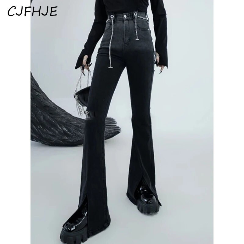 CJFHJE Korean Streetwear Flare Jeans Ženske džepne francuske vintage traper hlače Ženske modne ležerne hlače s dugmadima visokog struka