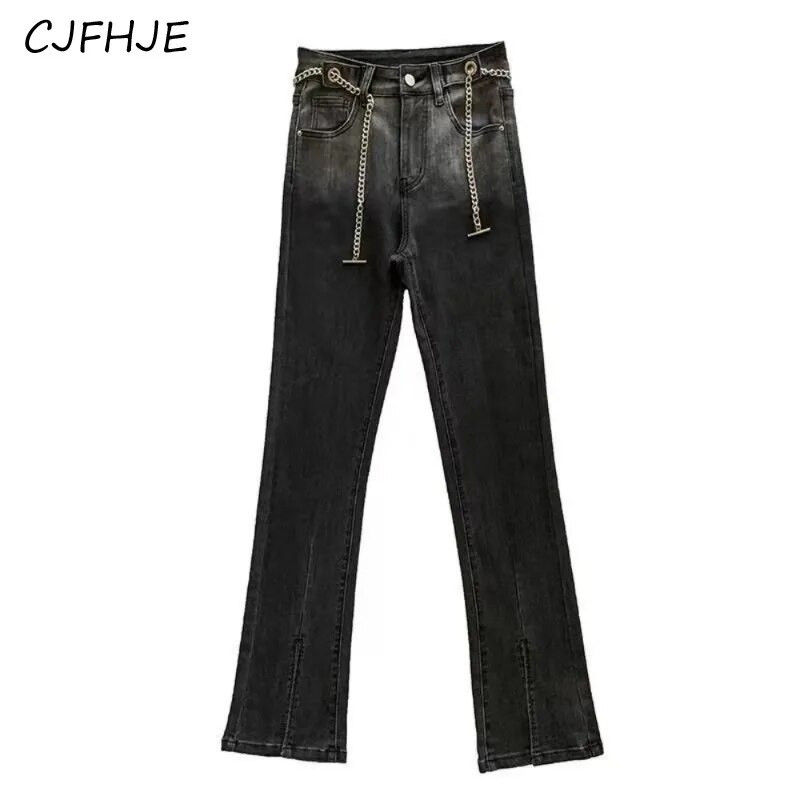 CJFHJE Korean Streetwear Flare Jeans Ženske džepne francuske vintage traper hlače Ženske modne ležerne hlače s dugmadima visokog struka