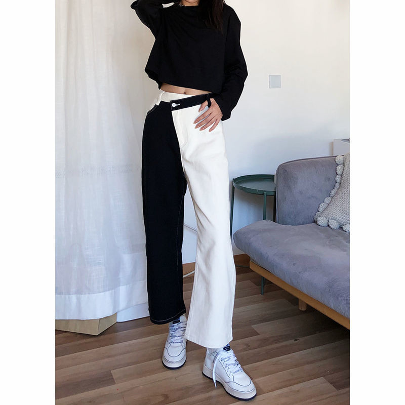 Női farmer nadrág fekete fehér varrás egyenes ősz tél magas derék táskás nadrág Pantalones Vaqueros Mujer