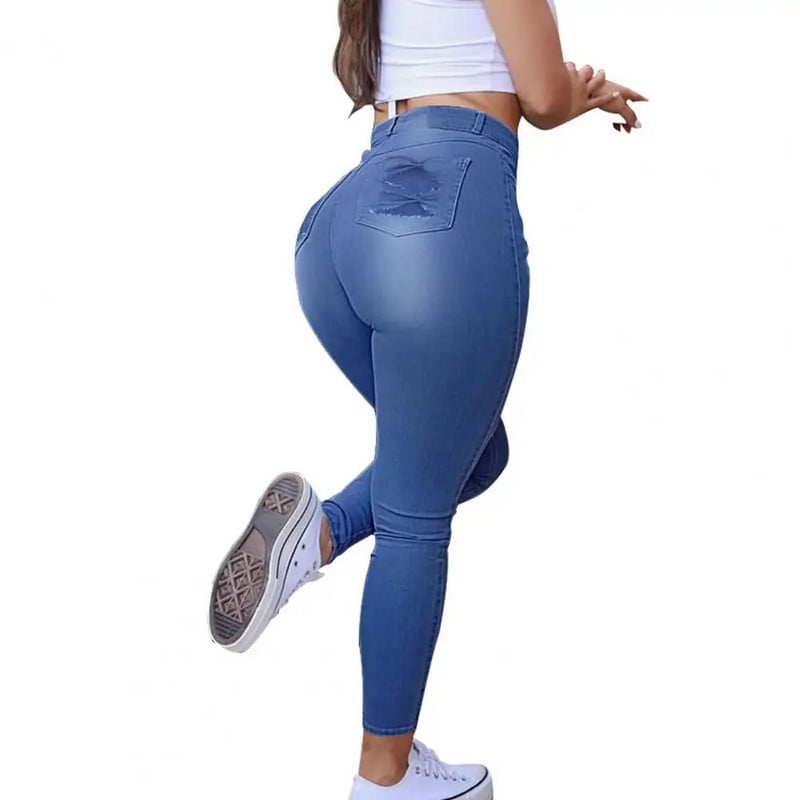 Bodycon Női Farmer Fenékemelő Több zseb Elasztikus Derék Gomb Cipzár Fly Magas derekú Farmer Ceruza Nadrág Farmer Női