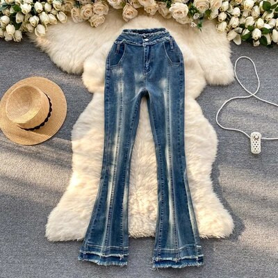 Pantaloni subțiri micro evazați pentru femei, cu design retro american Sense Raw Edge, cu talie înaltă Pantaloni de blugi la modă