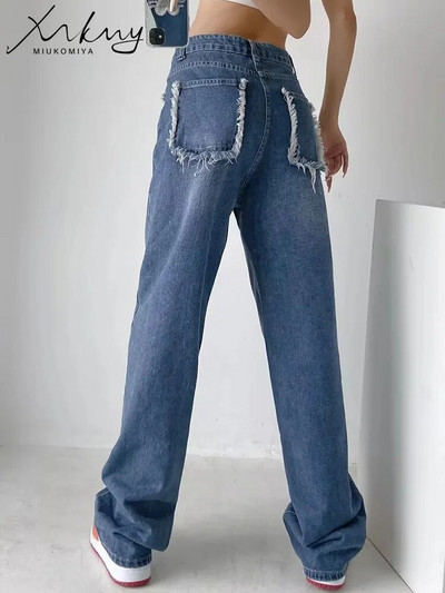 MiuKoMiYa Blugi negri cu picioare late Pantaloni drepți din denim cu talie înaltă, largi, mați, cu buzunar, blugi drepti pentru femei