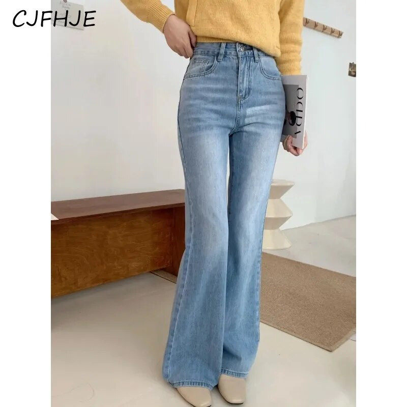 CJFHJE Noua modă coreeană Blugi evazați pentru femei Vintage Casual Pantaloni largi albastru deschis Pantaloni denim de lungime completă Streetwear de primăvară
