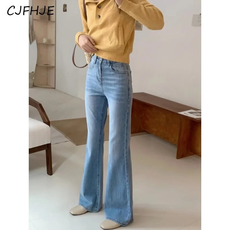 CJFHJE Noua modă coreeană Blugi evazați pentru femei Vintage Casual Pantaloni largi albastru deschis Pantaloni denim de lungime completă Streetwear de primăvară