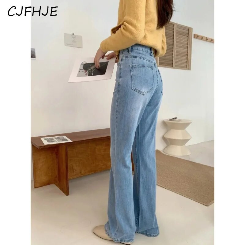 CJFHJE Noua modă coreeană Blugi evazați pentru femei Vintage Casual Pantaloni largi albastru deschis Pantaloni denim de lungime completă Streetwear de primăvară
