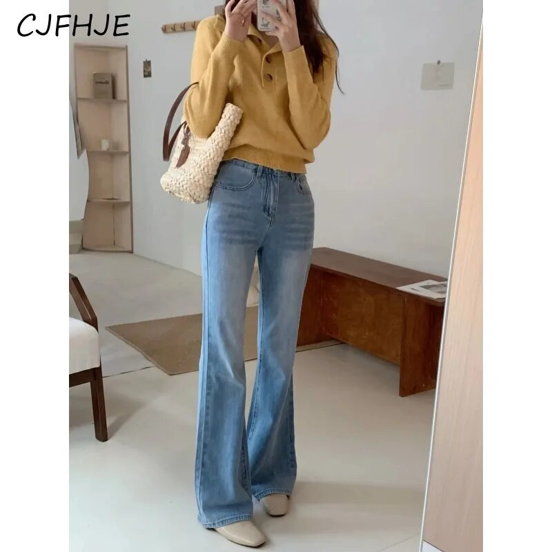 CJFHJE Noua modă coreeană Blugi evazați pentru femei Vintage Casual Pantaloni largi albastru deschis Pantaloni denim de lungime completă Streetwear de primăvară