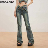 REDDACHiC Retro široke traperice s remenom iz 90-ih Ženske uske zvonaste hlače visokog struka Do Old Seamed Patchwork Bootcut hlače Y2k Streetwear