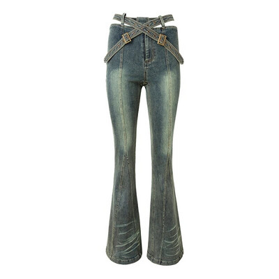 REDDACHiC Retro široke traperice s remenom iz 90-ih Ženske uske zvonaste hlače visokog struka Do Old Seamed Patchwork Bootcut hlače Y2k Streetwear