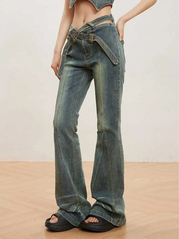 REDDACHiC Retro široke traperice s remenom iz 90-ih Ženske uske zvonaste hlače visokog struka Do Old Seamed Patchwork Bootcut hlače Y2k Streetwear