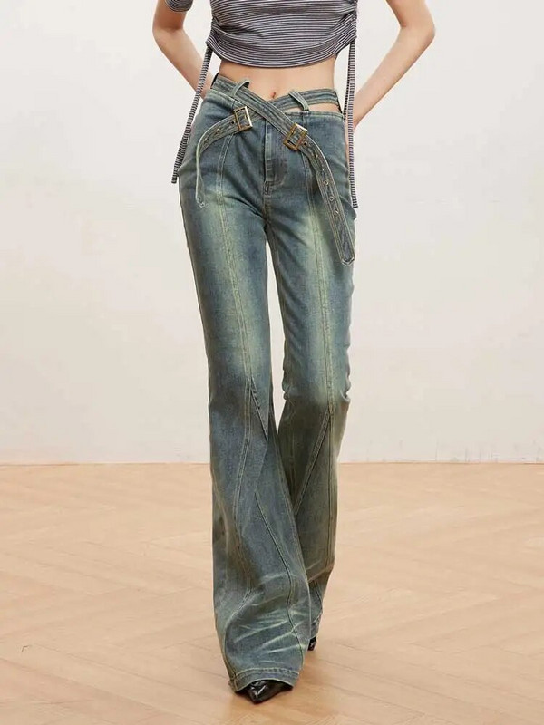 REDDACHiC Retro široke traperice s remenom iz 90-ih Ženske uske zvonaste hlače visokog struka Do Old Seamed Patchwork Bootcut hlače Y2k Streetwear