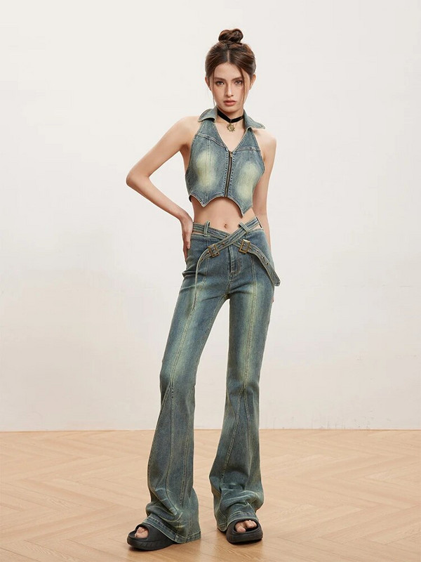 REDDACHiC Retro široke traperice s remenom iz 90-ih Ženske uske zvonaste hlače visokog struka Do Old Seamed Patchwork Bootcut hlače Y2k Streetwear