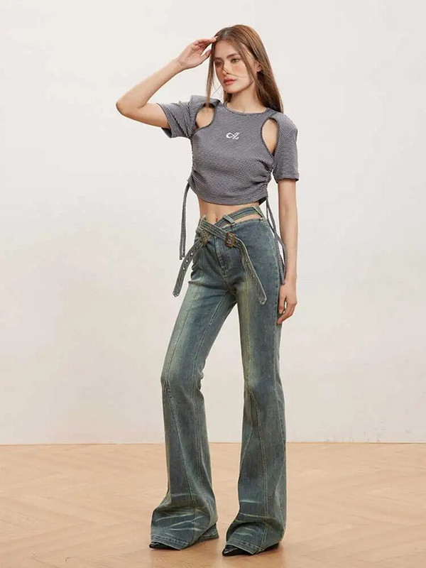 REDDACHiC Retro široke traperice s remenom iz 90-ih Ženske uske zvonaste hlače visokog struka Do Old Seamed Patchwork Bootcut hlače Y2k Streetwear