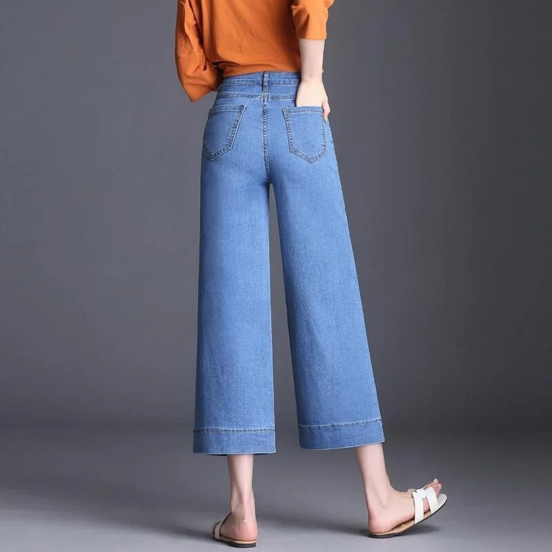 Koreai magas derék bokáig érő 86 cm széles szárú farmer Alkalmi laza sztreccs utcai ruha Mom farmer tavaszi őszi mosott buggyos farmer