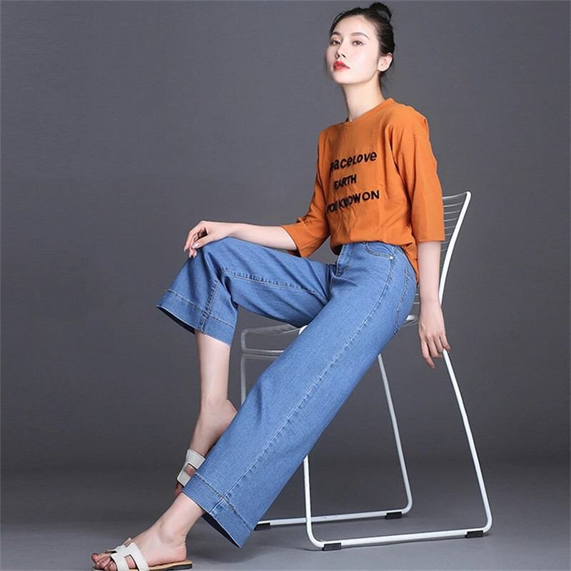 Koreai magas derék bokáig érő 86 cm széles szárú farmer Alkalmi laza sztreccs utcai ruha Mom farmer tavaszi őszi mosott buggyos farmer