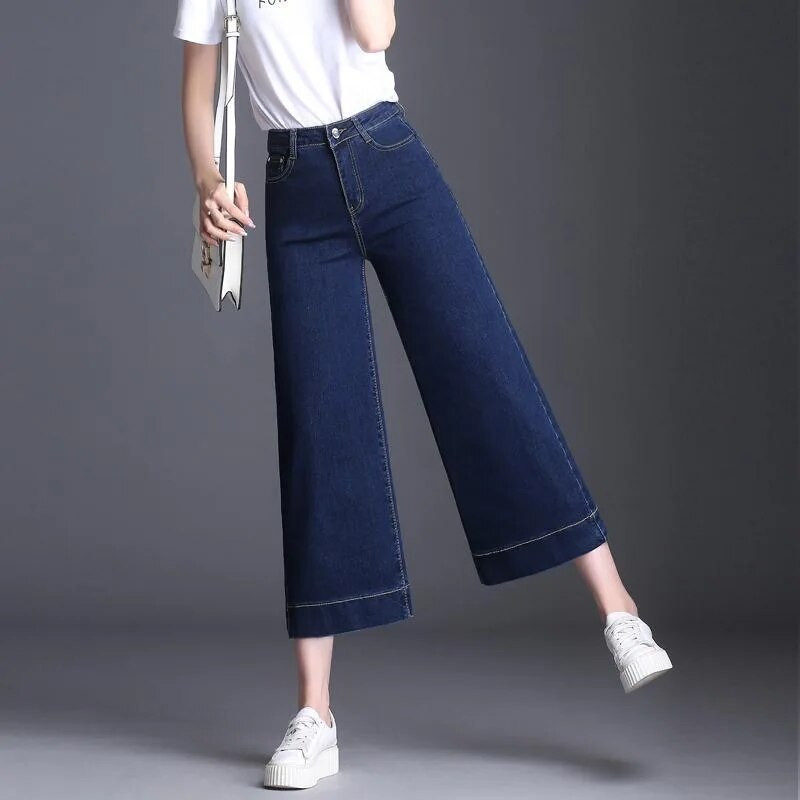 Koreai magas derék bokáig érő 86 cm széles szárú farmer Alkalmi laza sztreccs utcai ruha Mom farmer tavaszi őszi mosott buggyos farmer