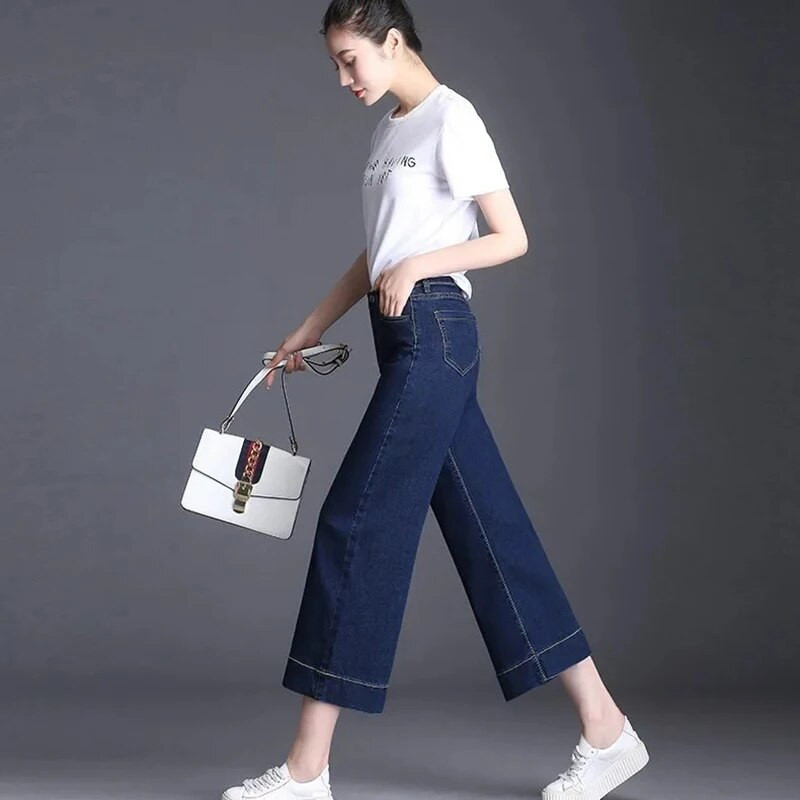 Koreai magas derék bokáig érő 86 cm széles szárú farmer Alkalmi laza sztreccs utcai ruha Mom farmer tavaszi őszi mosott buggyos farmer