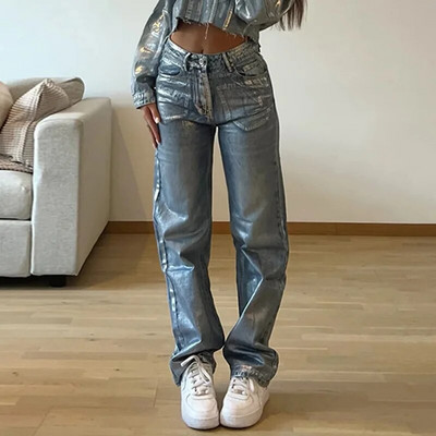 KOXINVES All-match Washed Women Jeans 2024 Spring Vintage Στυλ Street Printed ψηλόμεσο ίσιο χαλαρό λεπτό μακρύ παντελόνι WS200