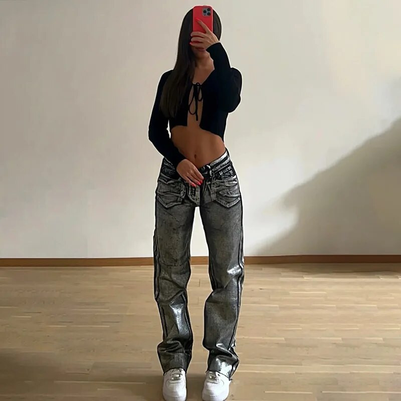 KOXINVES All-match Washed Women Jeans 2024 Spring Vintage Στυλ Street Printed ψηλόμεσο ίσιο χαλαρό λεπτό μακρύ παντελόνι WS200