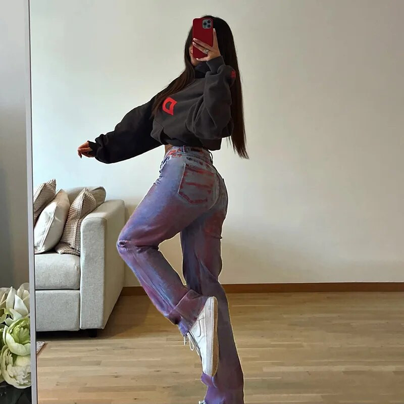 KOXINVES All-match Washed Women Jeans 2024 Spring Vintage Στυλ Street Printed ψηλόμεσο ίσιο χαλαρό λεπτό μακρύ παντελόνι WS200