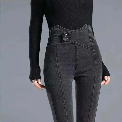 Vintage kék, magas derekú farmer Női új oldalsó cipzárral vékony, vékony ceruzanadrág Utcai viselet, duplasoros kereszt farmer nadrág