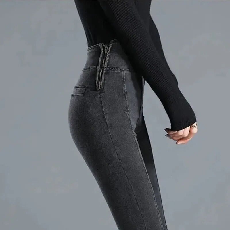 Vintage kék, magas derekú farmer Női új oldalsó cipzárral vékony, vékony ceruzanadrág Utcai viselet, duplasoros kereszt farmer nadrág