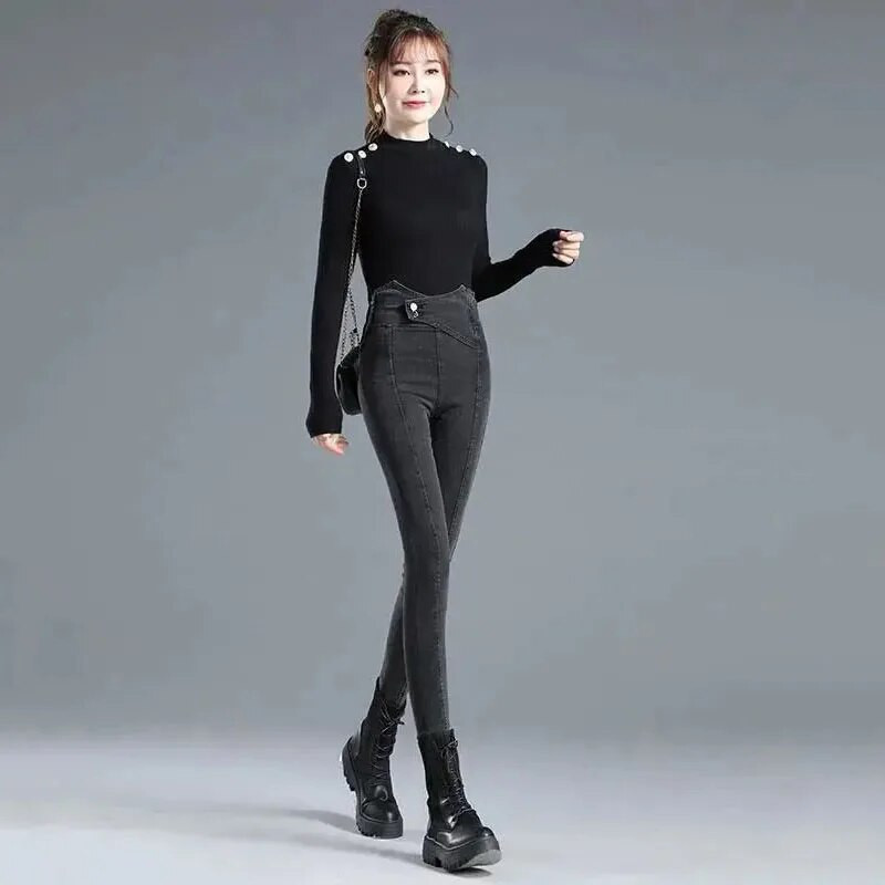 Vintage kék, magas derekú farmer Női új oldalsó cipzárral vékony, vékony ceruzanadrág Utcai viselet, duplasoros kereszt farmer nadrág