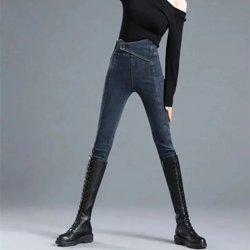 Vintage kék, magas derekú farmer Női új oldalsó cipzárral vékony, vékony ceruzanadrág Utcai viselet, duplasoros kereszt farmer nadrág