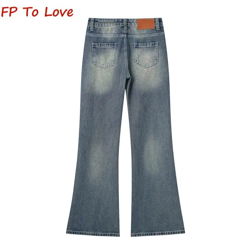 Vintage široke traperice širokih nogavica niskog spuštenog struka, elegantne PB&ZA ženske ulične plave duge hlače